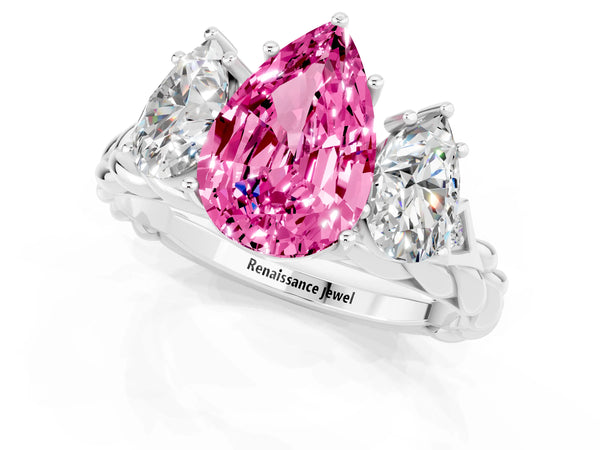 White gold Three-Stone Pear Cut Pink Sapphire Braided Band Ring with Four-Prong Setting