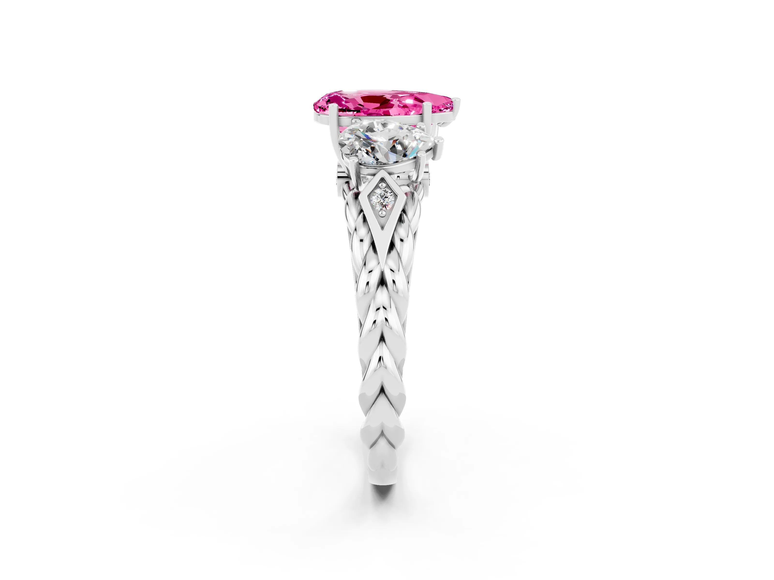 White gold Three-Stone Pear Cut Pink Sapphire Braided Band Ring with Four-Prong Setting_38