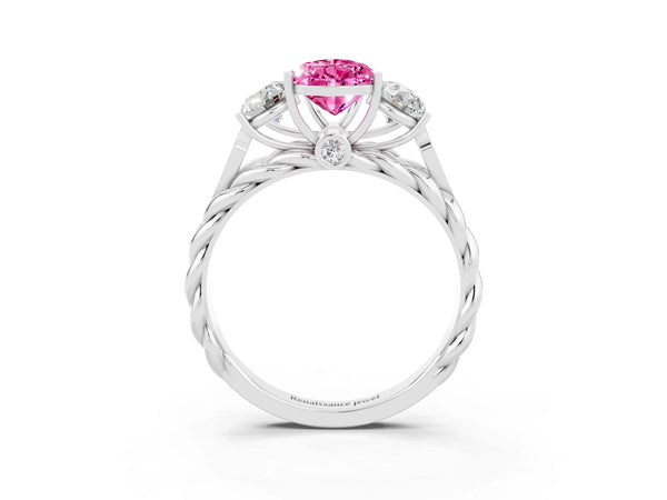 Silver Three-Stone Pear Cut Pink Sapphire Braided Band Ring with Four-Prong Setting