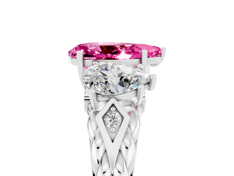 White gold Three-Stone Pear Cut Pink Sapphire Braided Band Ring with Four-Prong Setting_41