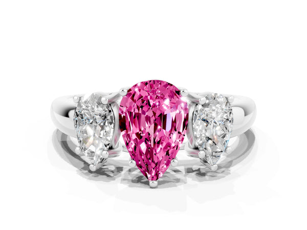 Silver Three-Stone Pear Cut Pink Sapphire Engagement Ring with Prong Setting