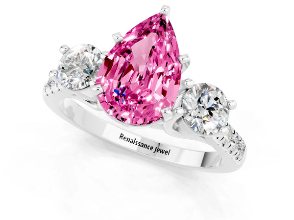 White gold Three-Stone Pear Cut Pink Sapphire Pavé Band with Four-Prong Setting