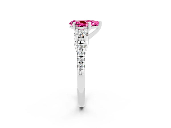 White gold Three-Stone Pear Cut Pink Sapphire Pavé Band with Four-Prong Setting