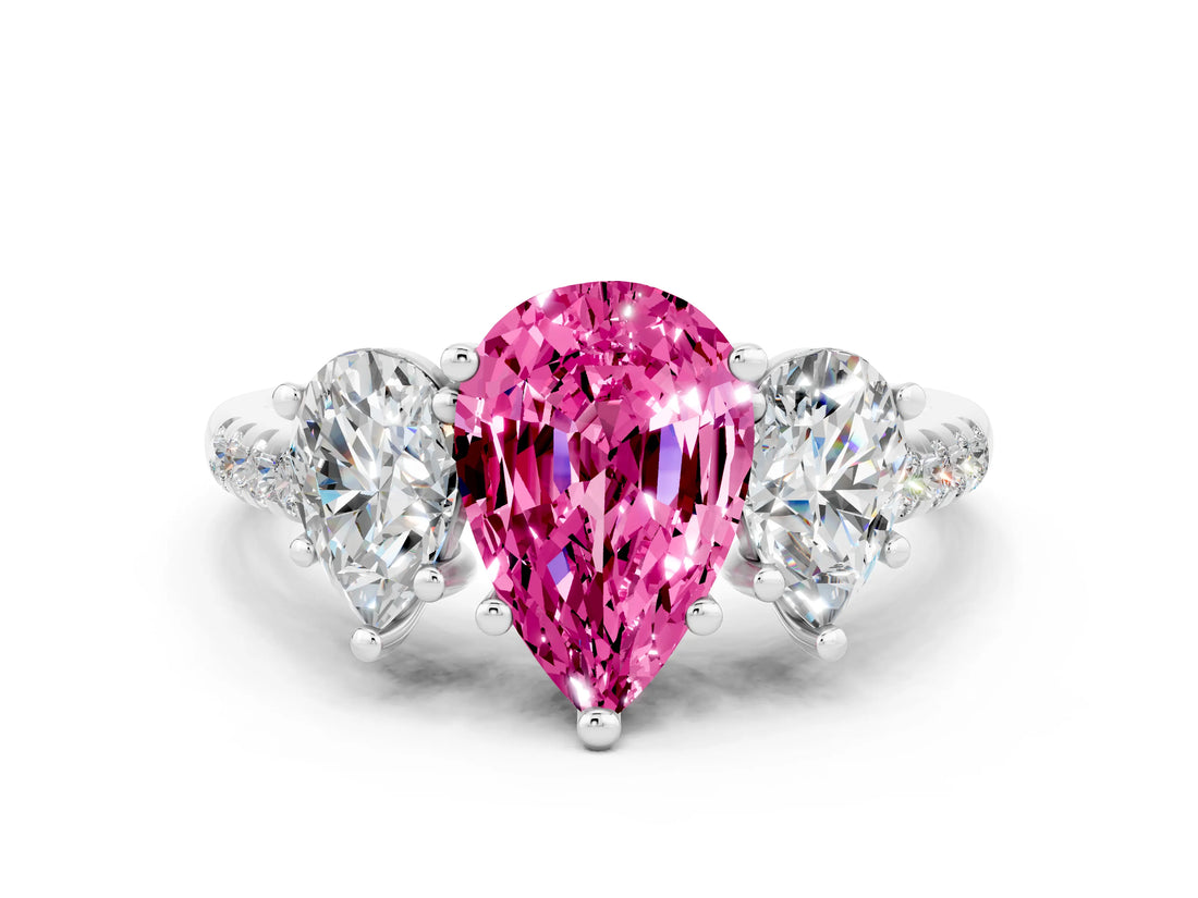 White gold Three-Stone Pear Cut Pink Sapphire Ring with Pavé Band and Prong Setting_36