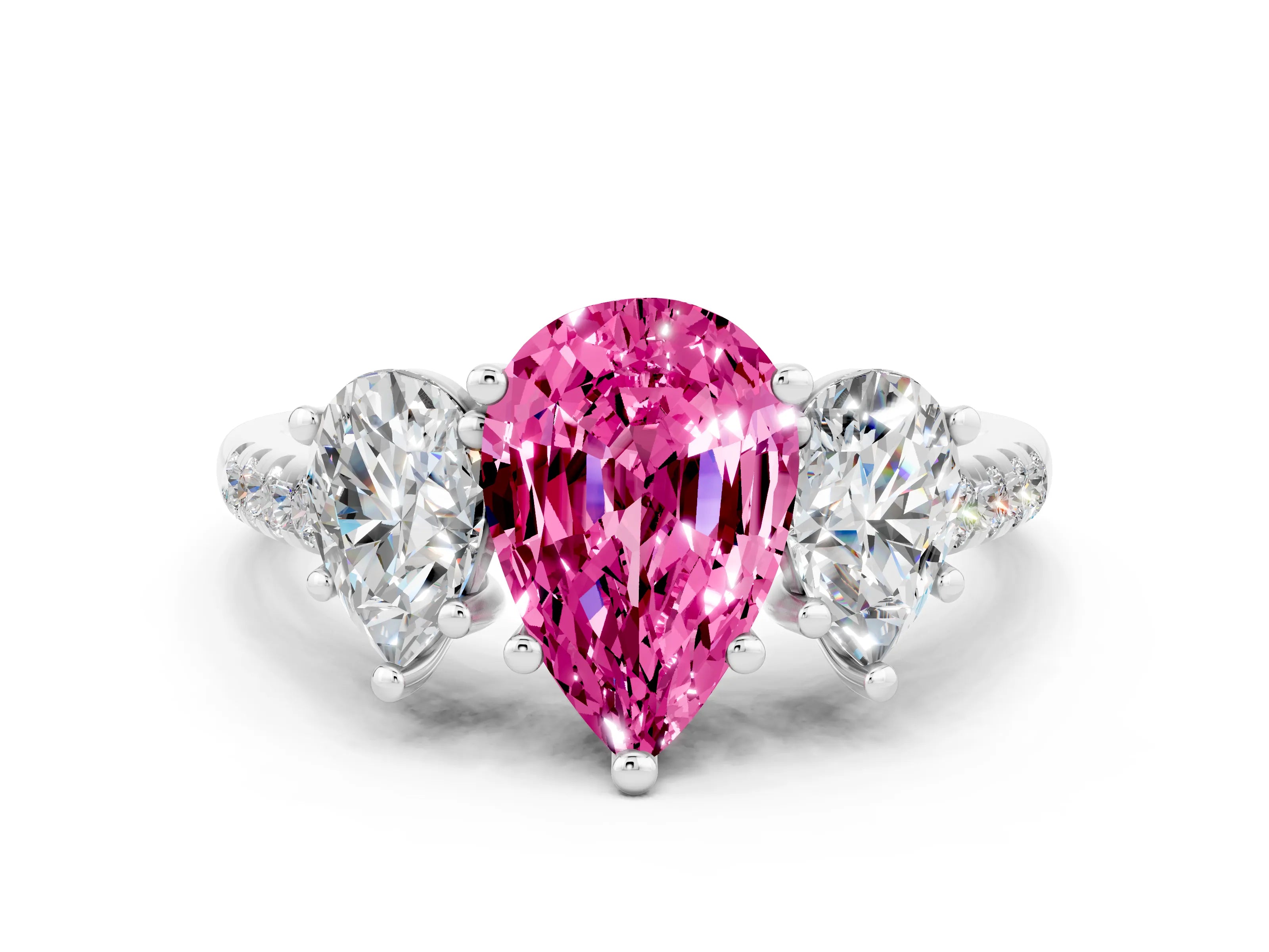 White gold Three-Stone Pear Cut Pink Sapphire Ring with Pavé Band and Prong Setting_36