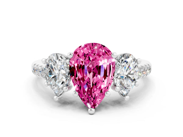 White gold Three-Stone Pear Cut Pink Sapphire Ring with Round  Pavé Band and Prong Setting