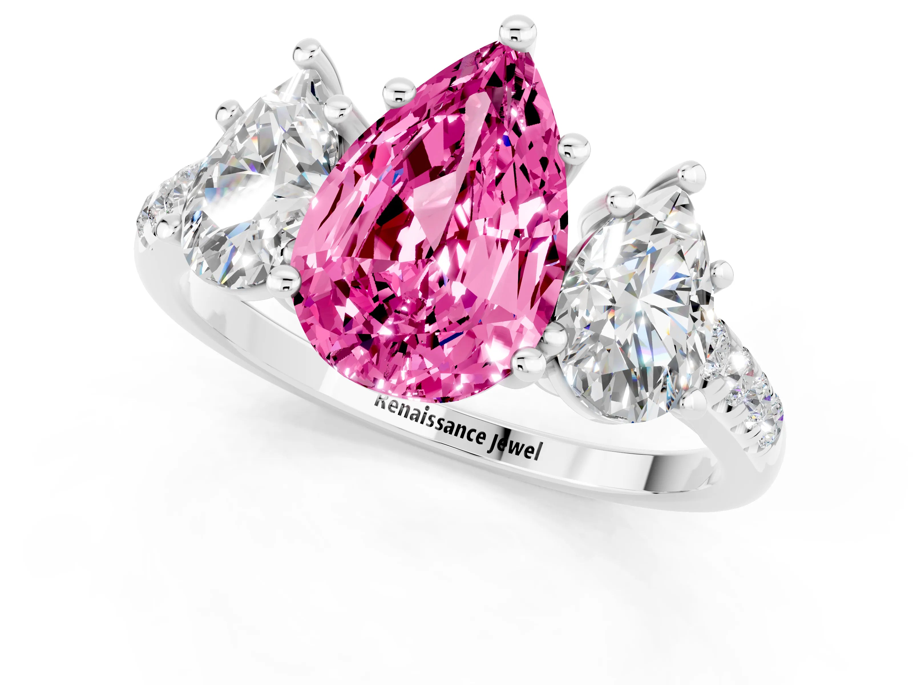 White gold Three-Stone Pear Cut Pink Sapphire Ring with Pavé Band and Prong Setting_37