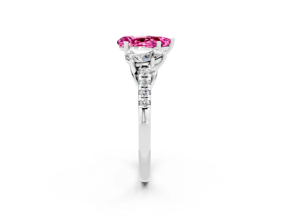 Silver Three-Stone Pear Cut Pink Sapphire Ring with Round  Pavé Band and Prong Setting