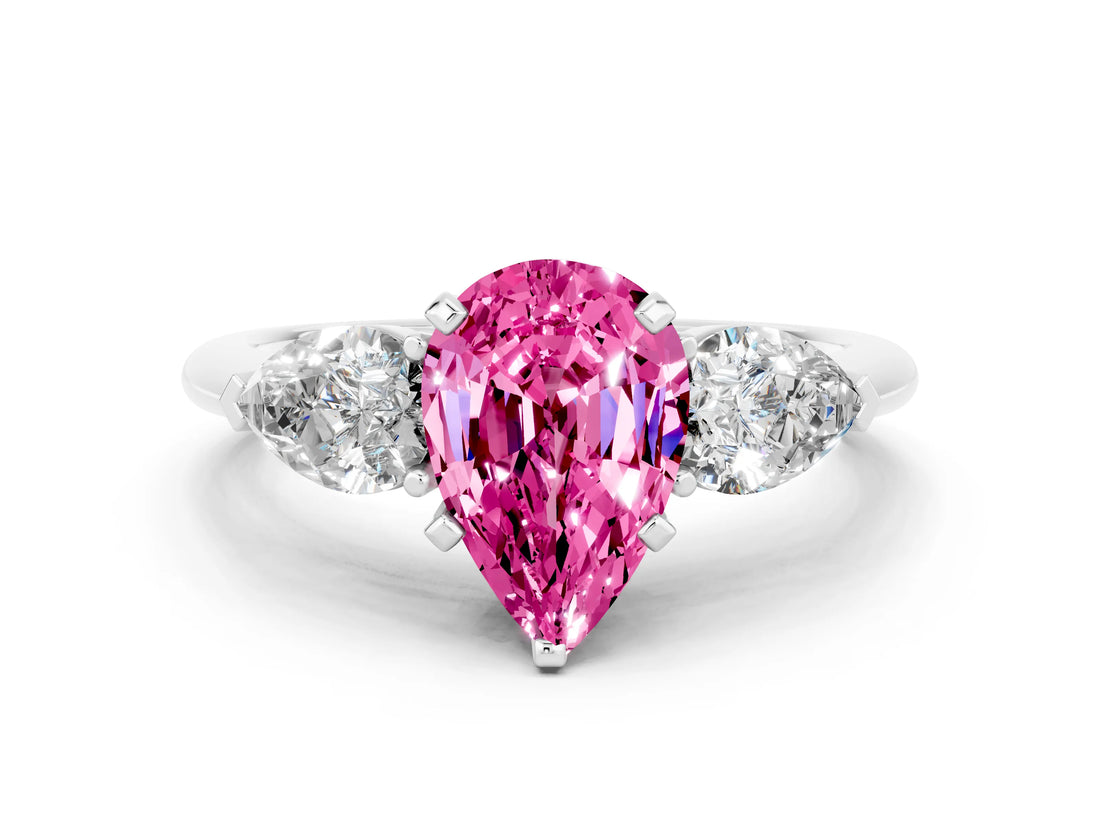 White gold Three-Stone Pear Cut Pink Sapphire Ring with Pear Side Stones and Four-Prong Setting_24