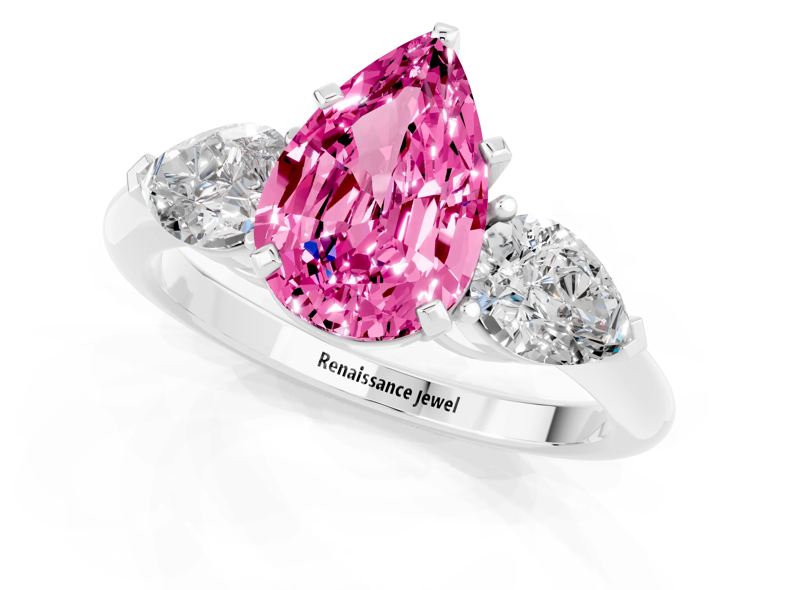 White gold Three-Stone Pear Cut Pink Sapphire Ring with Pear Side Stones and Four-Prong Setting_25