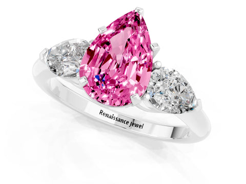 White gold Three-Stone Pear Cut Pink Sapphire Ring with Pear Side Stones and Four-Prong Setting_25