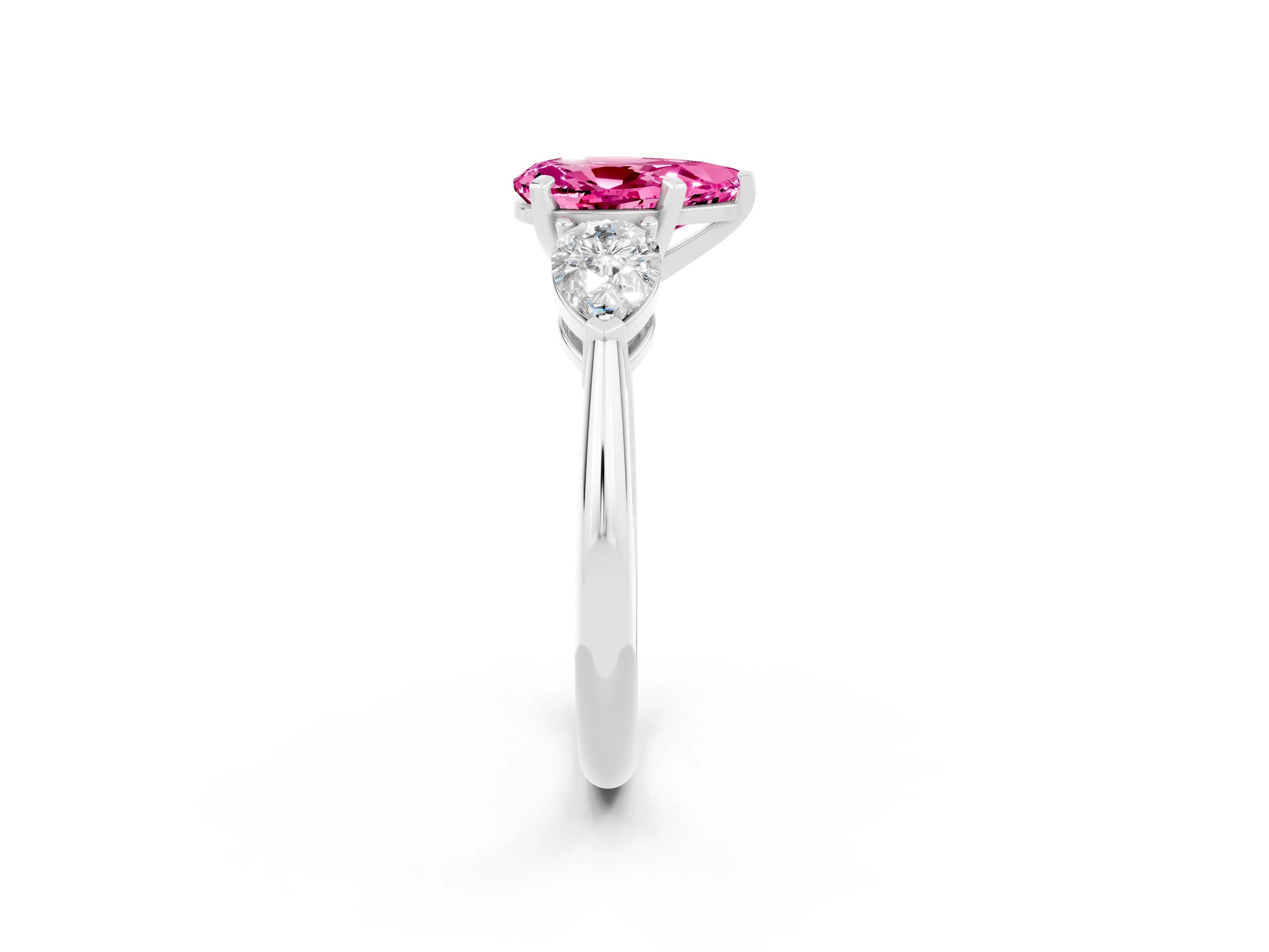 White gold Three-Stone Pear Cut Pink Sapphire Ring with Pear Side Stones and Four-Prong Setting_26