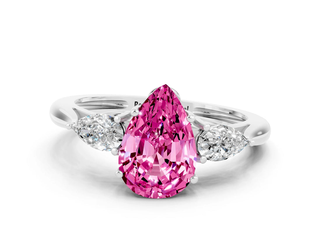 White gold Three-Stone Pear Cut Pink Sapphire Ring with Pear  Side Stones in Four-Prong Setting_12