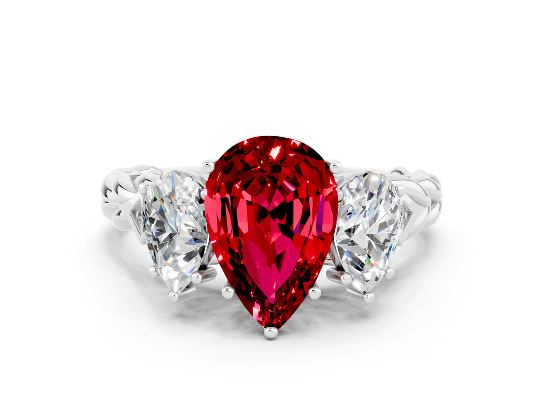White gold Three-Stone Pear Cut Ruby Braided Band Ring with Four-Prong Setting_12