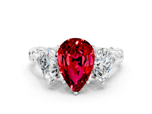 Silver Three-Stone Pear Cut Ruby Braided Band Ring with Four-Prong Setting