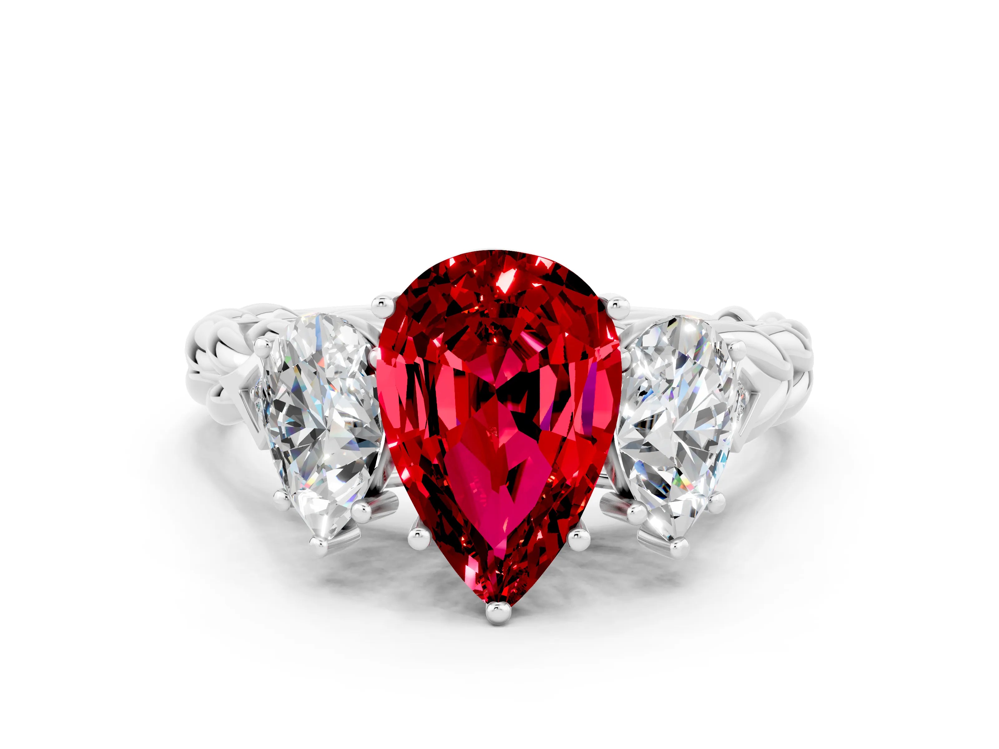 White gold Three-Stone Pear Cut Ruby Braided Band Ring with Four-Prong Setting_12