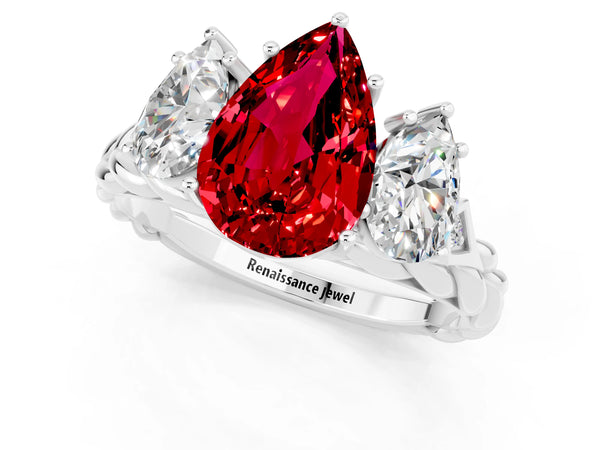 Platinum Three-Stone Pear Cut Ruby Braided Band Ring with Four-Prong Setting