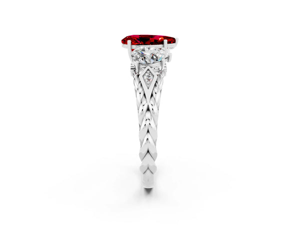 Platinum Three-Stone Pear Cut Ruby Braided Band Ring with Four-Prong Setting
