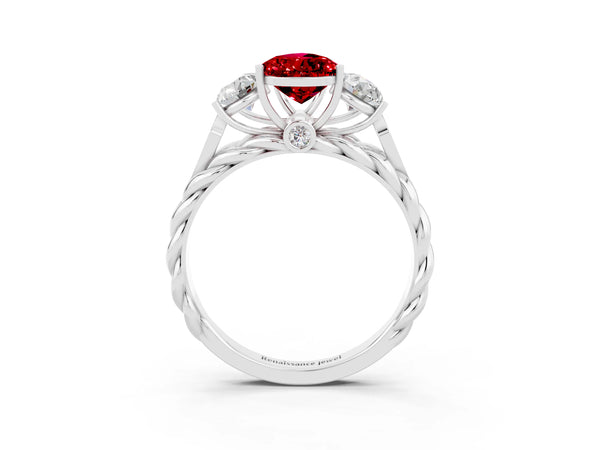 Silver Three-Stone Pear Cut Ruby Braided Band Ring with Four-Prong Setting