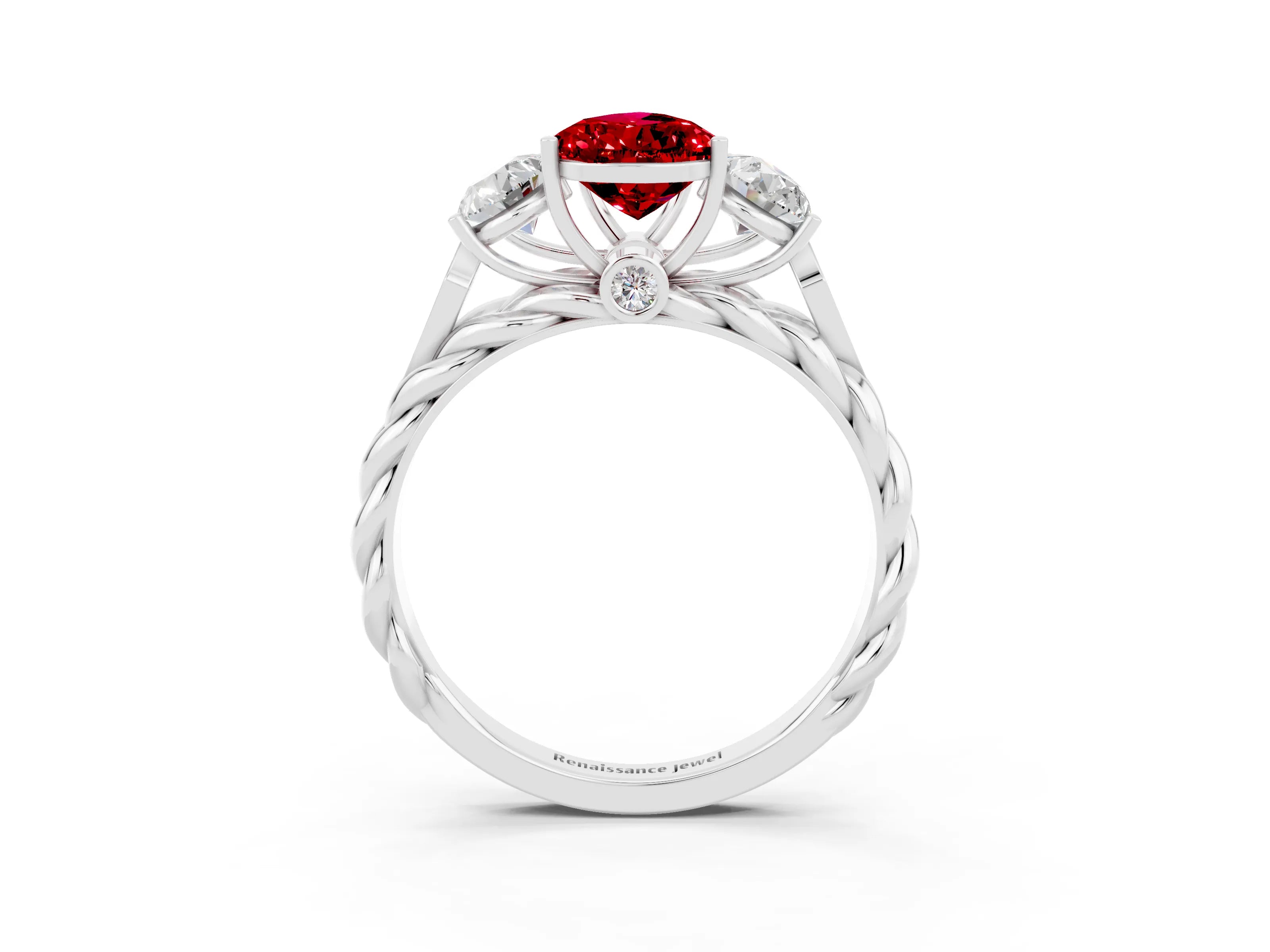 White gold Three-Stone Pear Cut Ruby Braided Band Ring with Four-Prong Setting_15