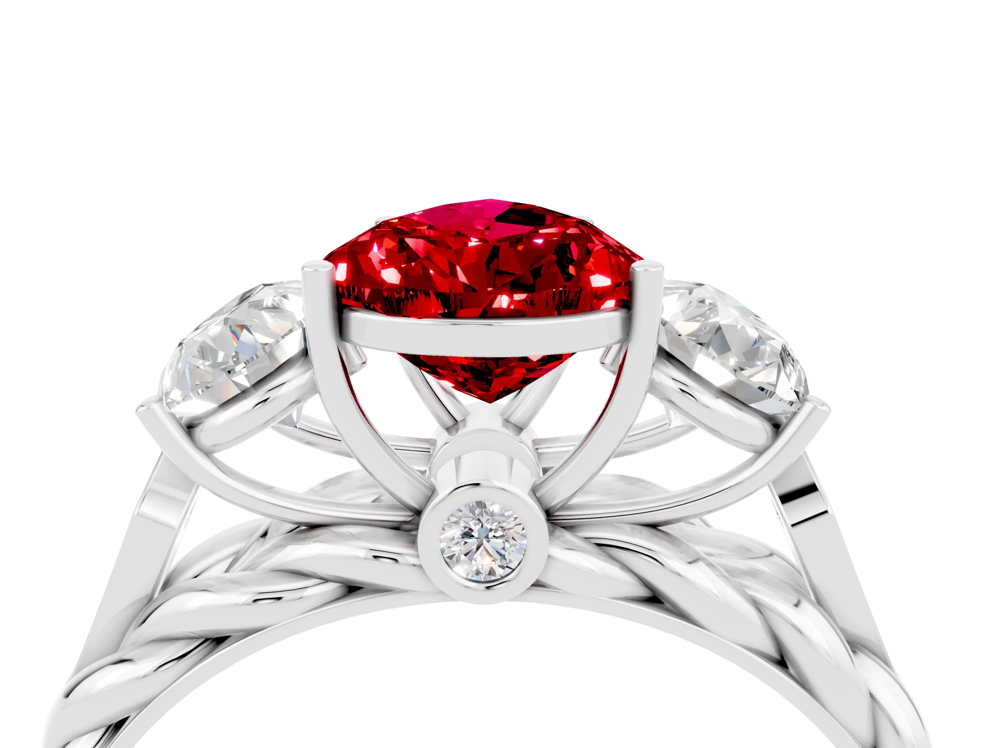 White gold Three-Stone Pear Cut Ruby Braided Band Ring with Four-Prong Setting_16