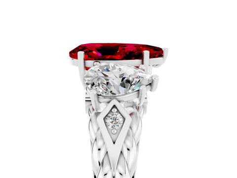 White gold Three-Stone Pear Cut Ruby Braided Band Ring with Four-Prong Setting_17