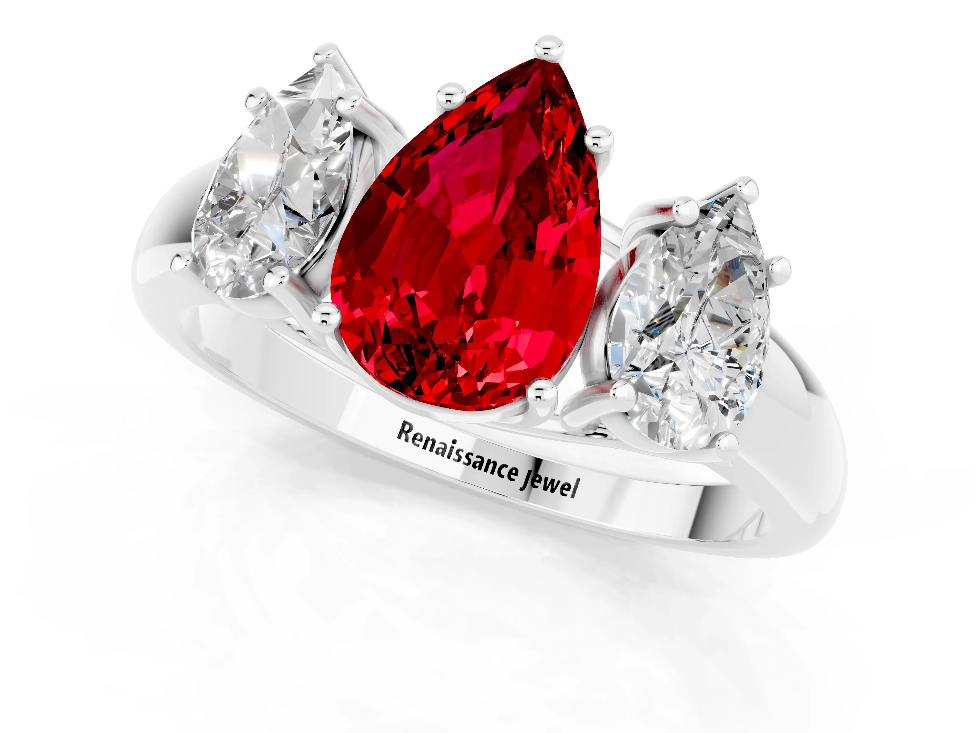 White gold Three-Stone Pear Cut Ruby Engagement Ring with Prong Setting_1
