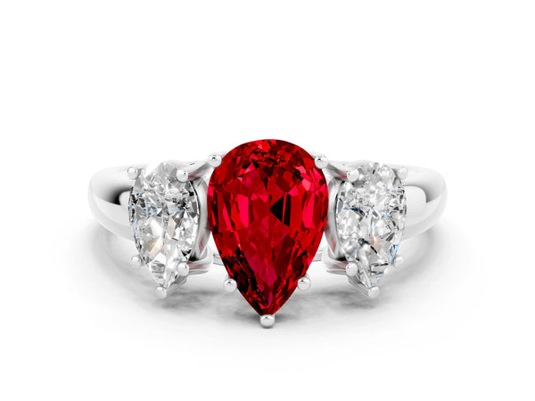 White gold Three-Stone Pear Cut Ruby Engagement Ring with Prong Setting