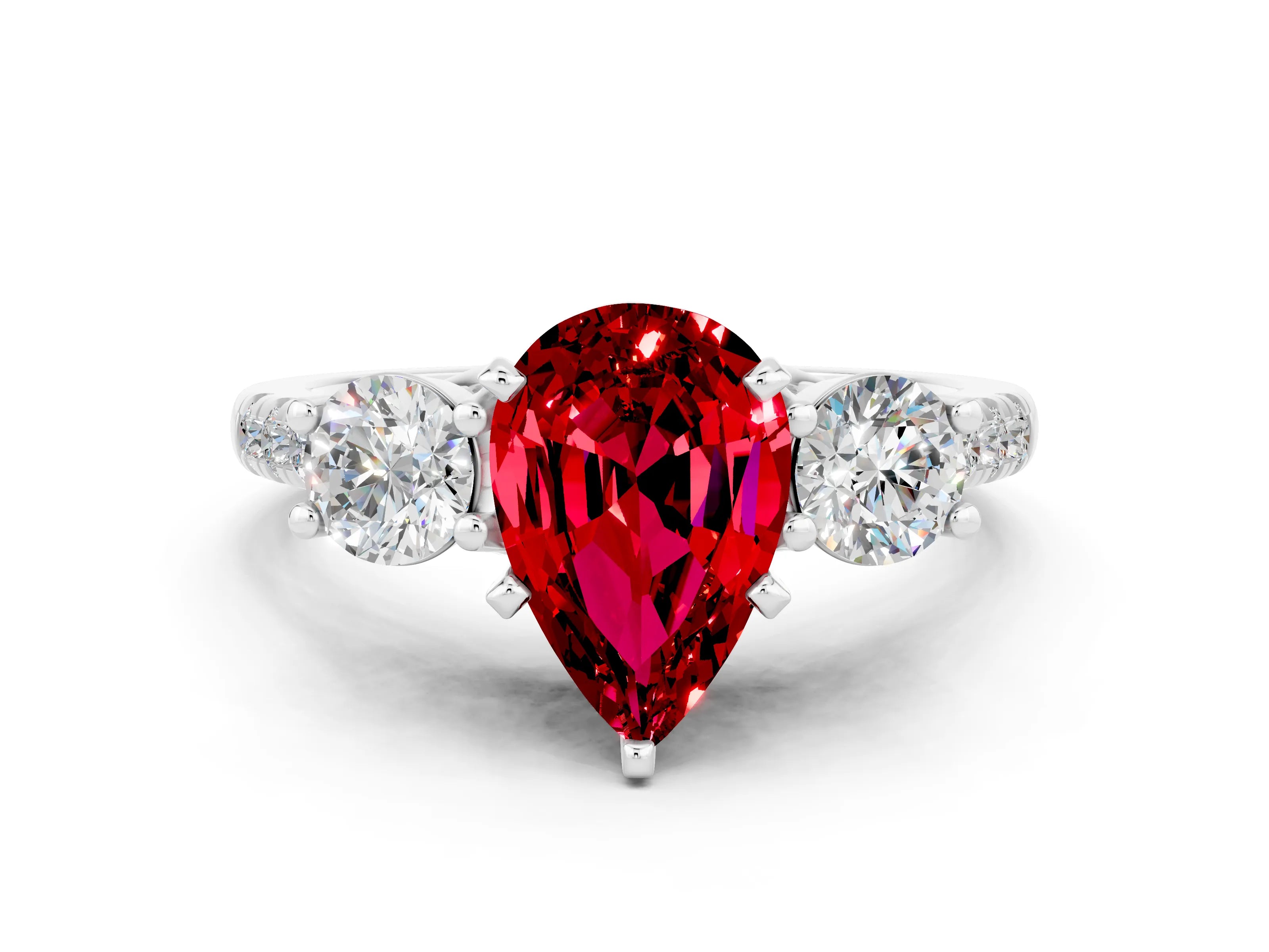 White gold Three-Stone Pear Cut Ruby Pavé Band with Four-Prong Setting