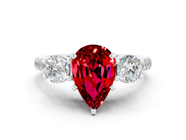 Platinum Three-Stone Pear Cut Ruby Pavé Band with Four-Prong Setting