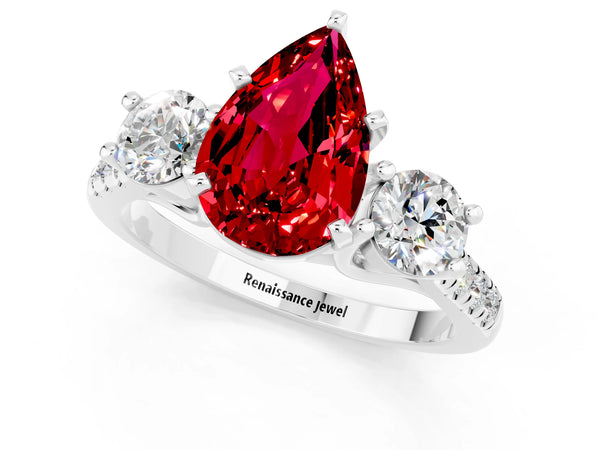 Platinum Three-Stone Pear Cut Ruby Pavé Band with Four-Prong Setting