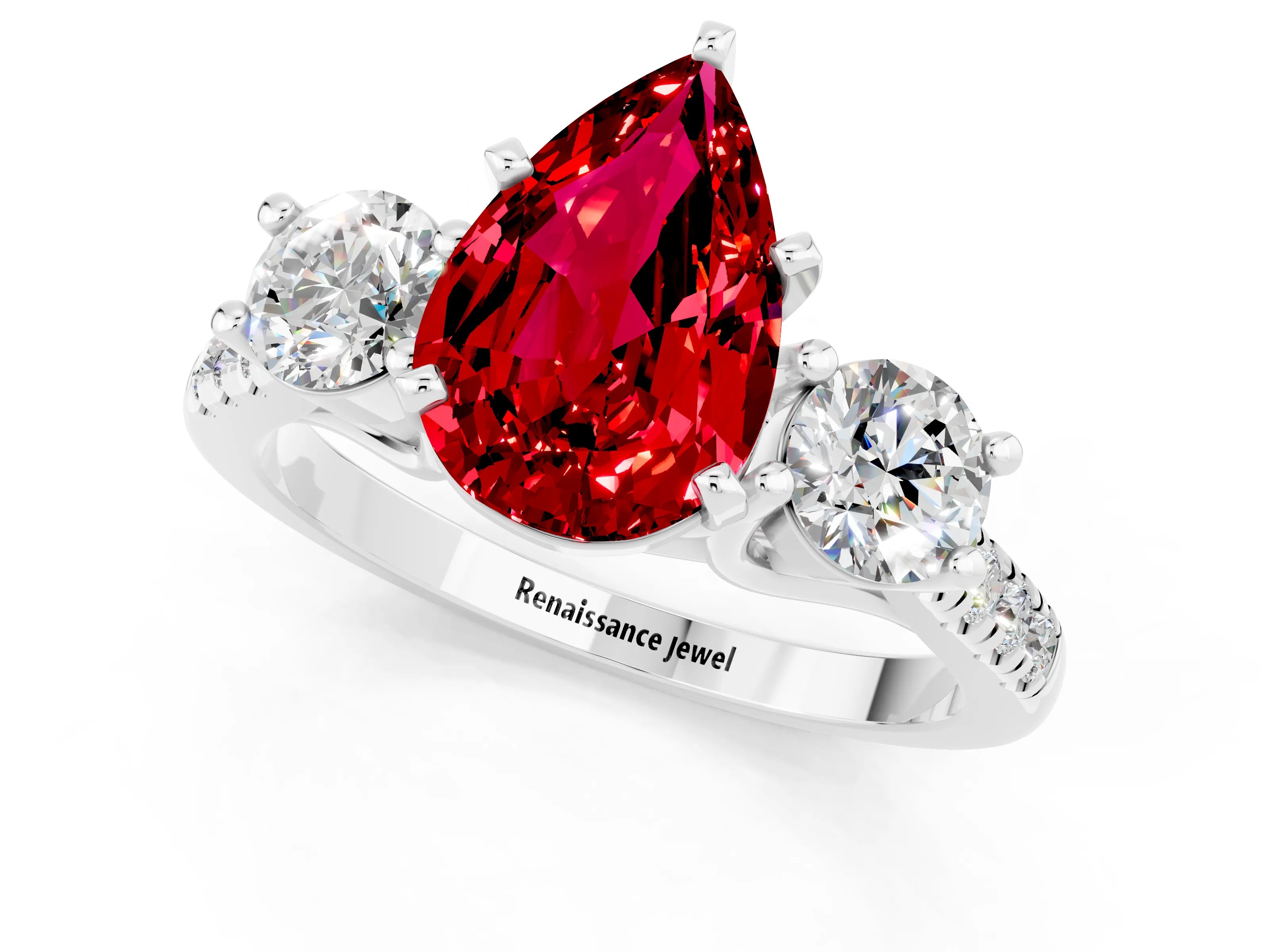 White gold Three-Stone Pear Cut Ruby Pavé Band with Four-Prong Setting_1