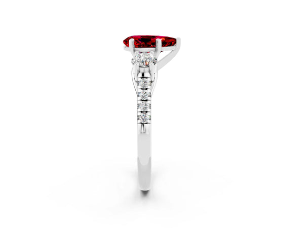 White gold Three-Stone Pear Cut Ruby Pavé Band with Four-Prong Setting