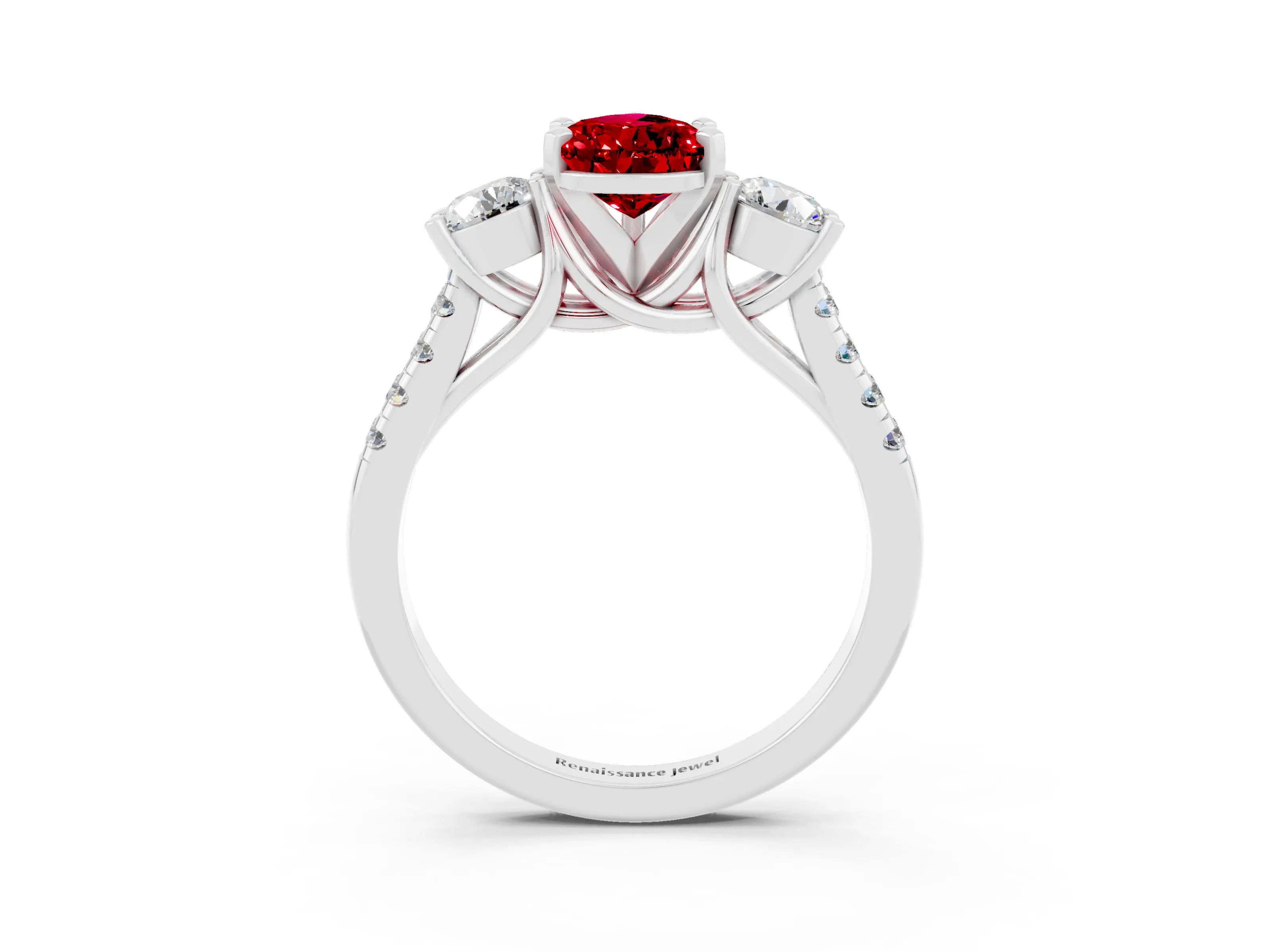 White gold Three-Stone Pear Cut Ruby Pavé Band with Four-Prong Setting_3