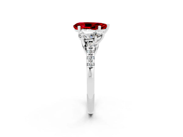 White gold Three-Stone Pear Cut Ruby Ring with Round  Pavé Band and Prong Setting