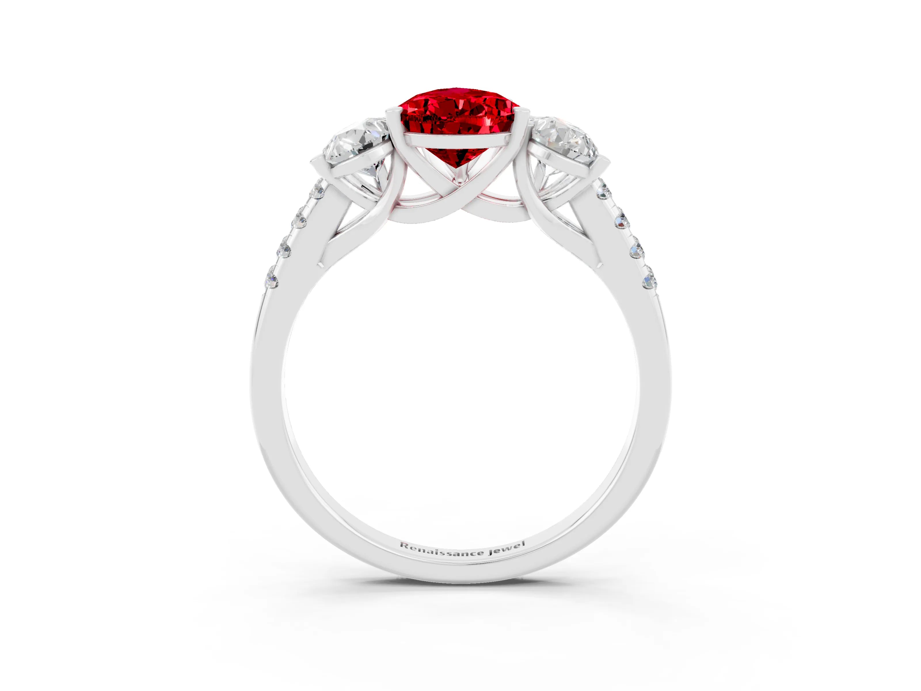 White gold Three-Stone Pear Cut Ruby Ring with Pavé Band and Prong Setting_15