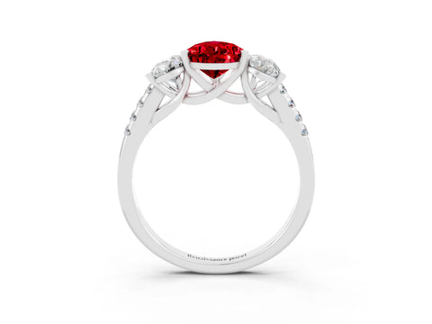 White gold Three-Stone Pear Cut Ruby Ring with Pavé Band and Prong Setting_15