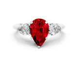 White gold Three-Stone Pear Cut Ruby Ring with Pear Side Stones and Four-Prong Setting