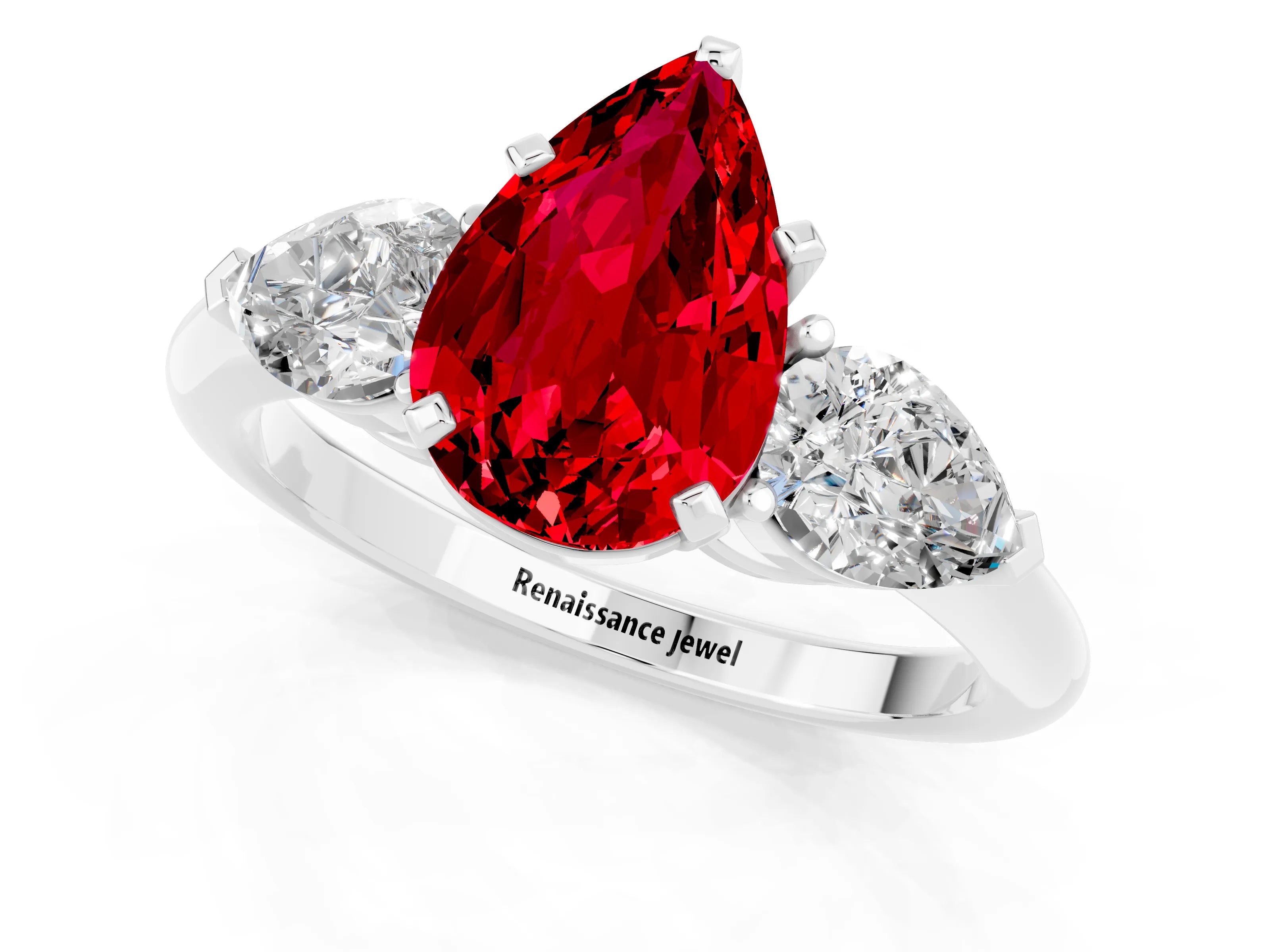 White gold Three-Stone Pear Cut Ruby Ring with Pear Side Stones and Four-Prong Setting_1