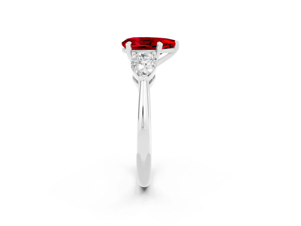 White gold Three-Stone Pear Cut Ruby Ring with Pear Side Stones and Four-Prong Setting