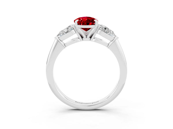 White gold Three-Stone Pear Cut Ruby Ring with Pear Side Stones and Four-Prong Setting