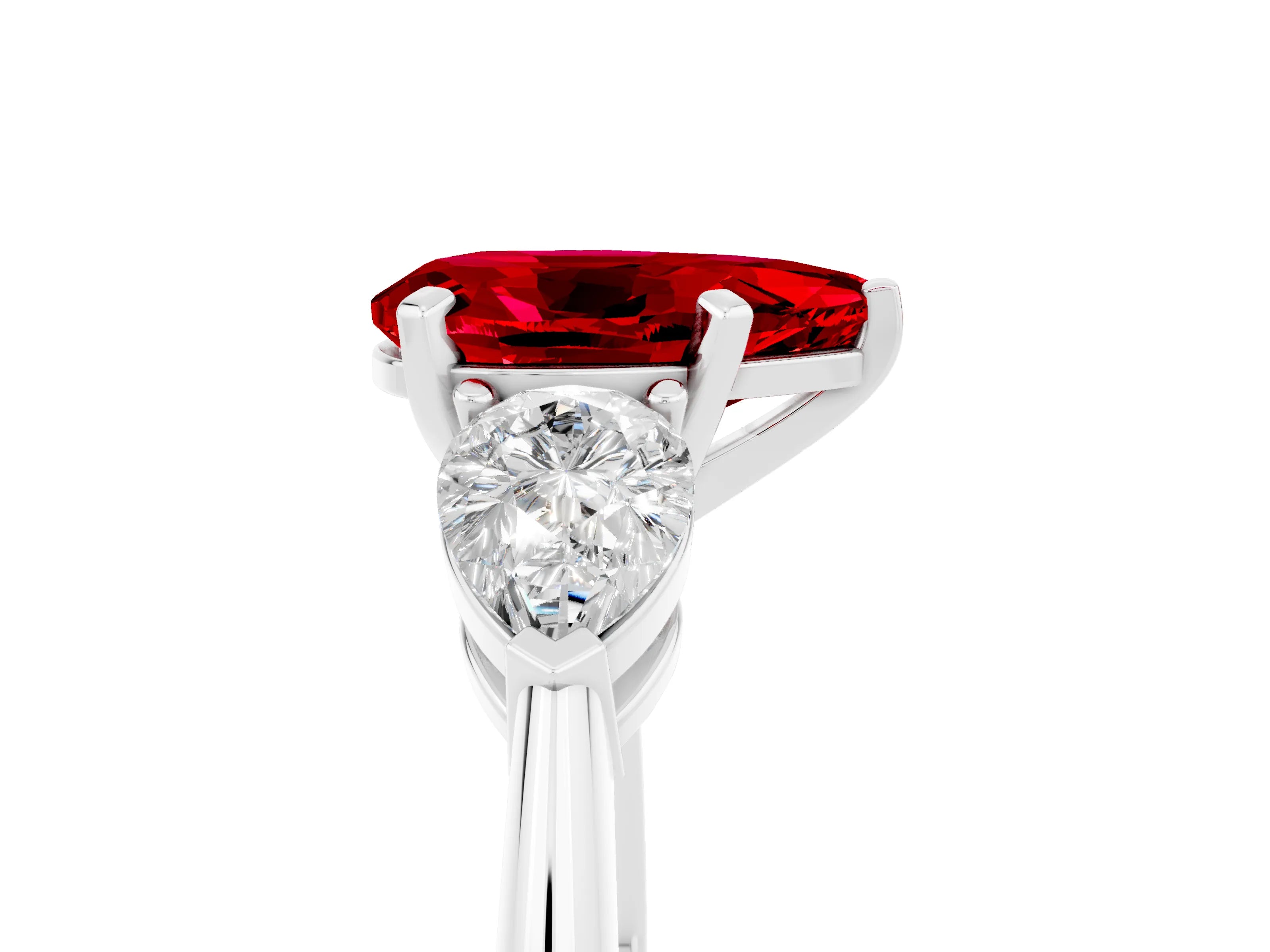 White gold Three-Stone Pear Cut Ruby Ring with Pear Side Stones and Four-Prong Setting_5