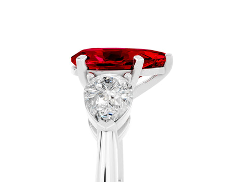 White gold Three-Stone Pear Cut Ruby Ring with Pear Side Stones and Four-Prong Setting_5