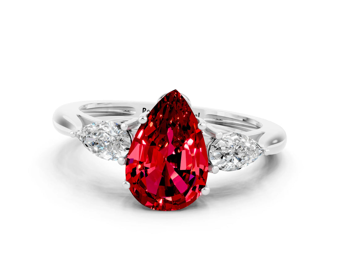 White gold Three-Stone Pear Cut Ruby Ring with Pear  Side Stones in Four-Prong Setting_12