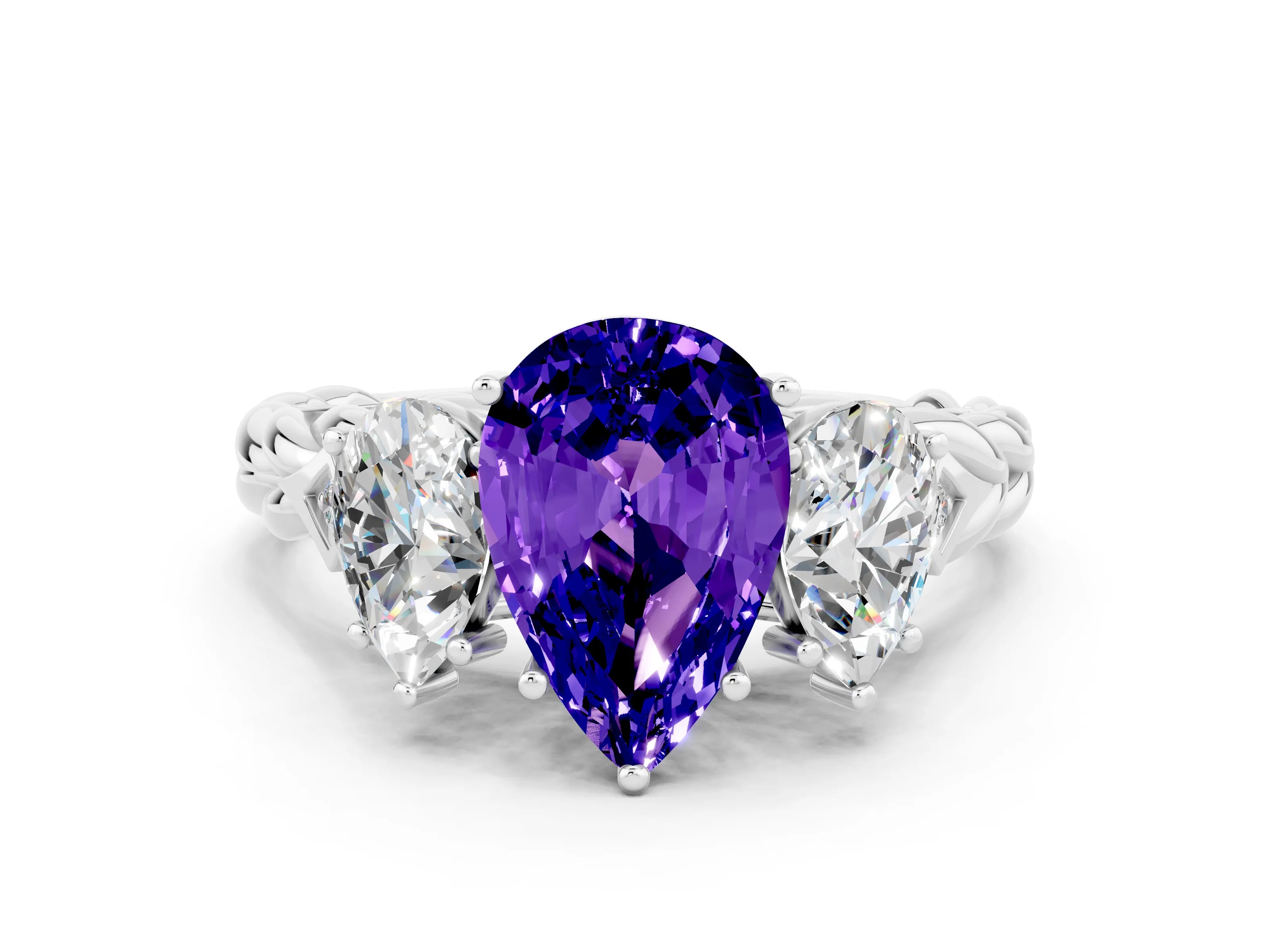 White gold Three-Stone Pear Cut Tanzanite Braided Band Ring with Four-Prong Setting_12