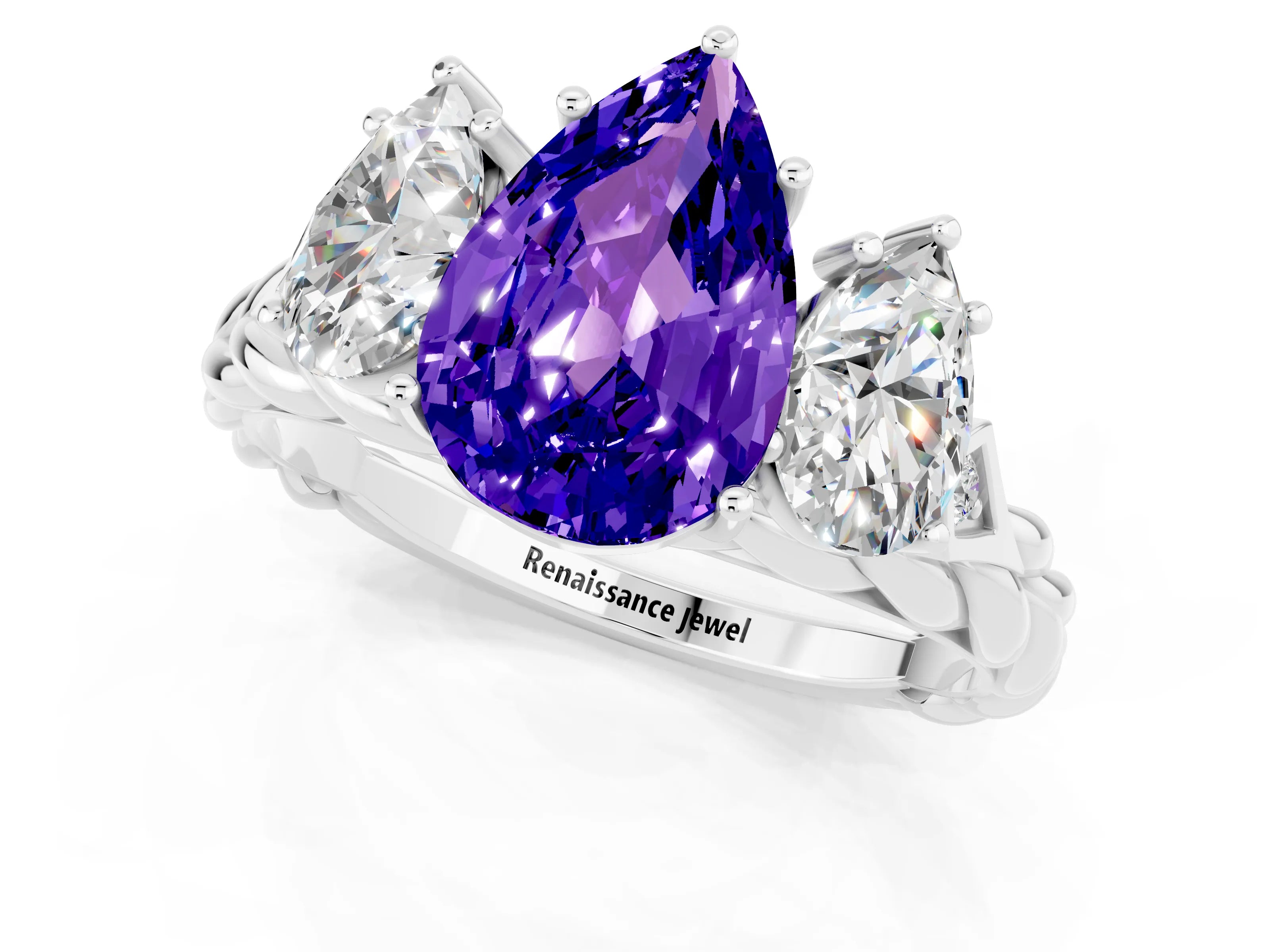 White gold Three-Stone Pear Cut Tanzanite Braided Band Ring with Four-Prong Setting_13