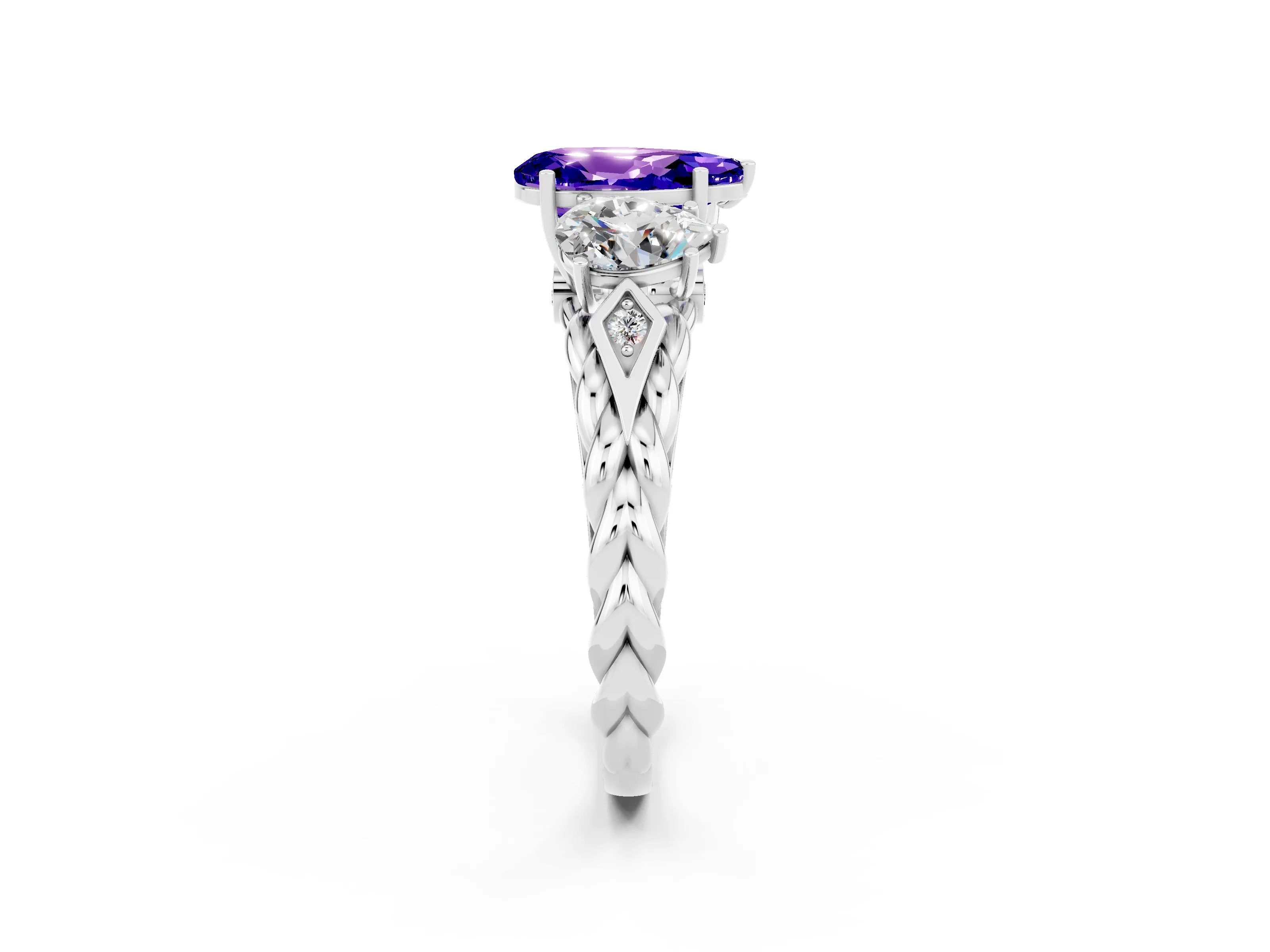 White gold Three-Stone Pear Cut Tanzanite Braided Band Ring with Four-Prong Setting_14