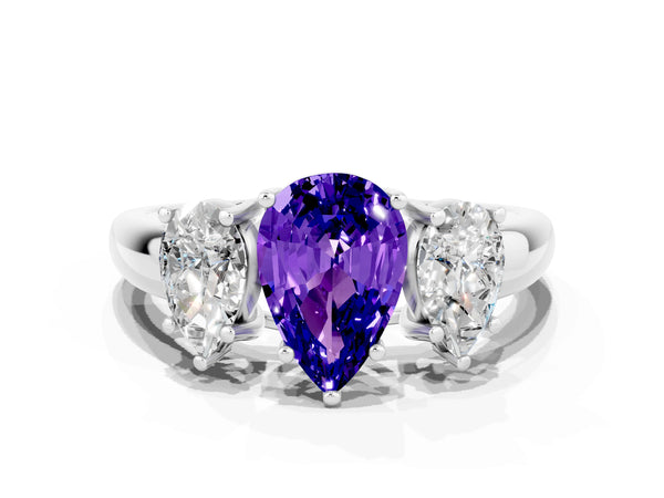 Platinum Three-Stone Pear Cut Tanzanite Engagement Ring with Prong Setting