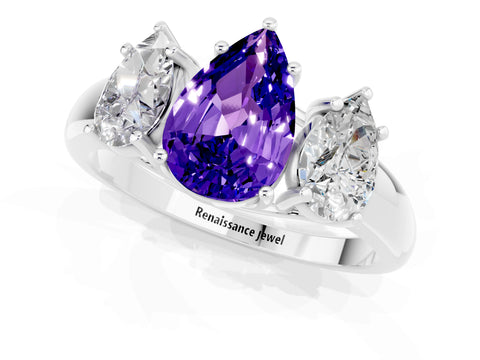 White gold Three-Stone Pear Cut Tanzanite Engagement Ring with Prong Setting_1