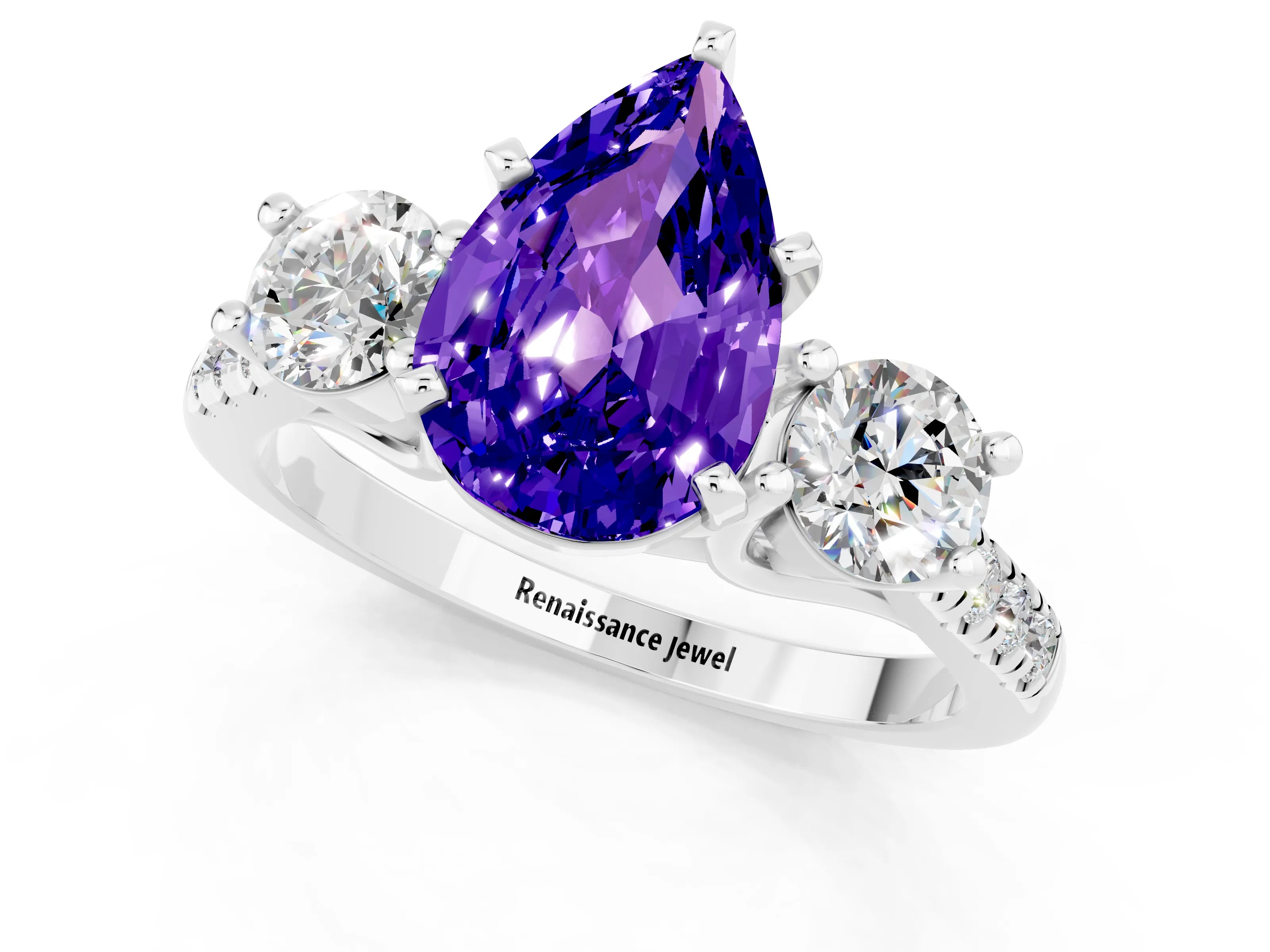 White gold Three-Stone Pear Cut Tanzanite Pavé Band with Four-Prong Setting_1
